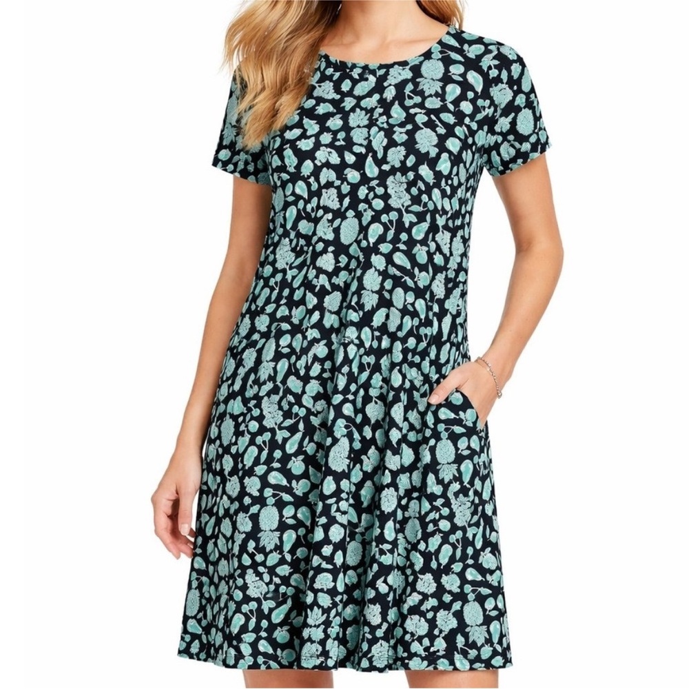 J. Jill Wearever Perfect T-Shirt Dress Size‎ Medium Blue Teal Fruit Print 191831